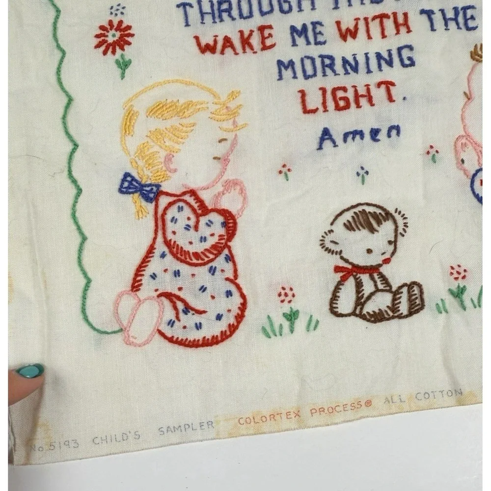 VTG Embroidery Needlepoint Piece Children Bedtime Prayer Girl Boy Angel Unframed